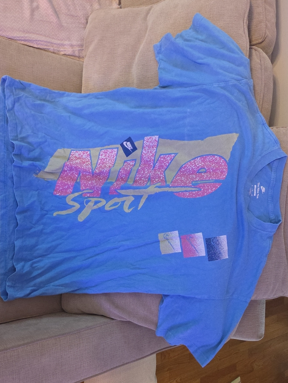Nike Blue Graphic Tee with Pink Glitter Logo